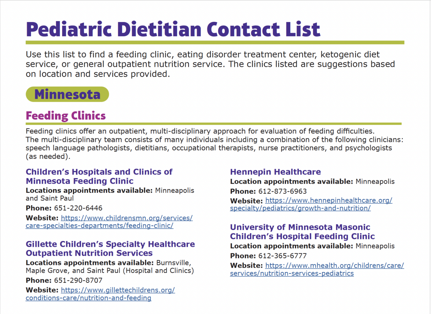 Pediatric Dietitian Contact List — MN/WI (PDF)
